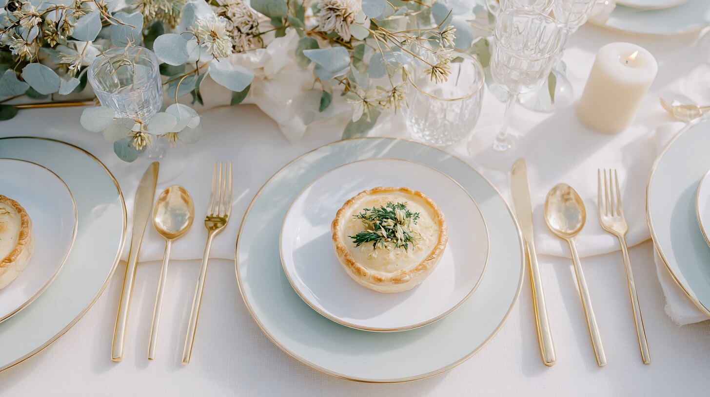 A plated first course dressed with herbs, on gold-rimmed china